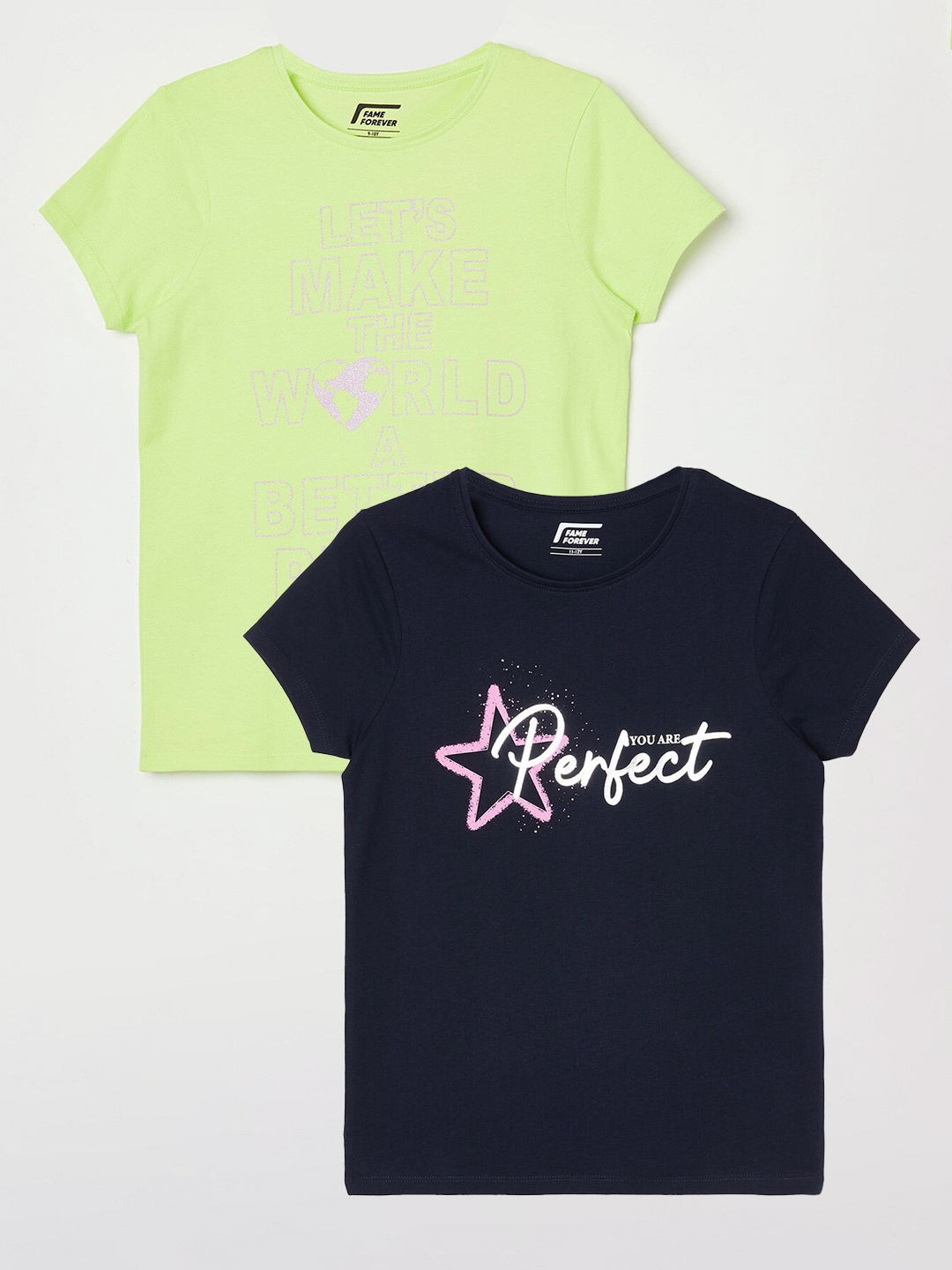 

Fame Forever by Lifestyle Girls Pack Of 2 Printed Cotton T-shirts, Navy blue