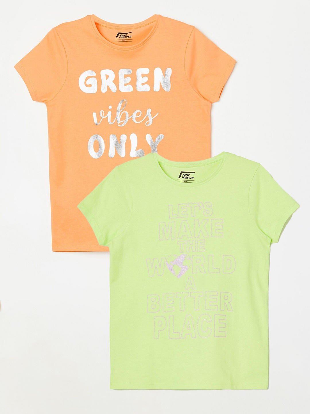 

Fame Forever by Lifestyle Girls Pack Of 2 Printed Cotton T-shirts, Lime green