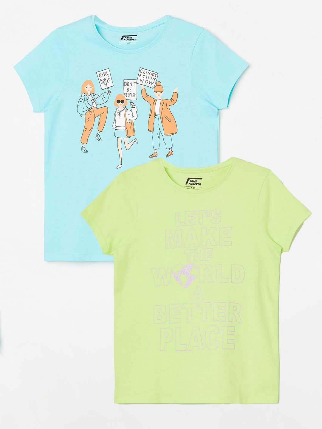 Fame Forever by Lifestyle Girls Pack Of 2 Printed Cotton T-shirts, Lime green
