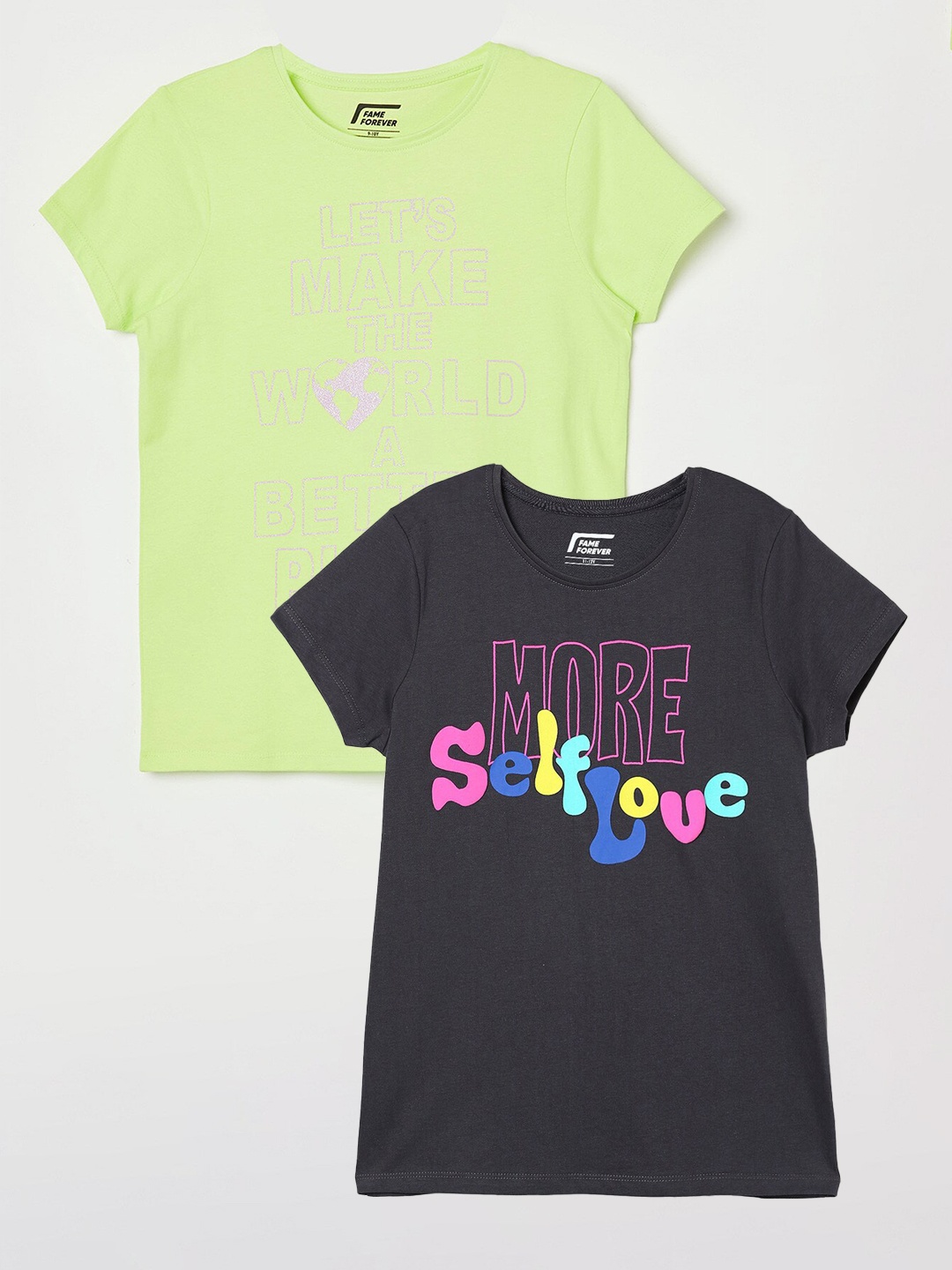 

Fame Forever by Lifestyle Girls Pack Of 2 Printed Cotton T-shirts, Grey
