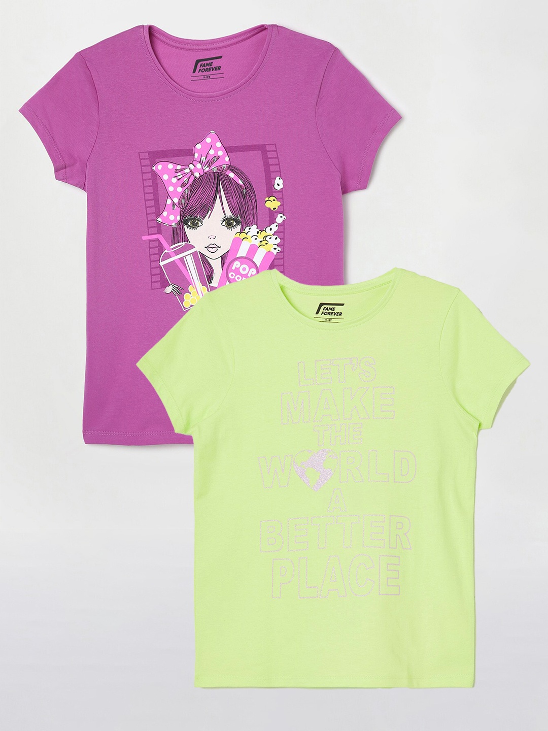 

Fame Forever by Lifestyle Girls Pack Of 2 Printed Cotton T-shirts, Lime green