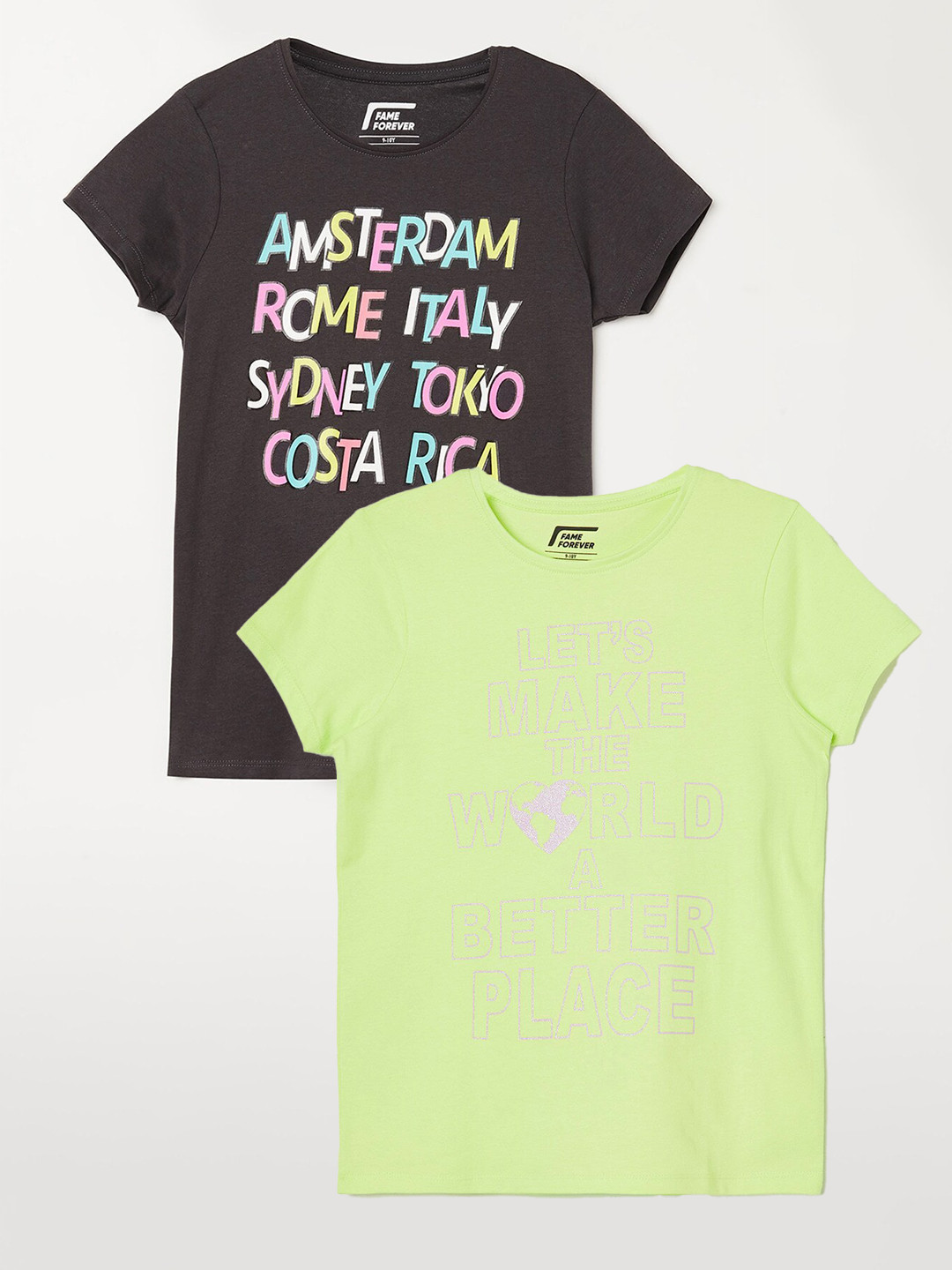 

Fame Forever by Lifestyle Girls Pack Of 2 Printed Cotton T-shirts, Lime green