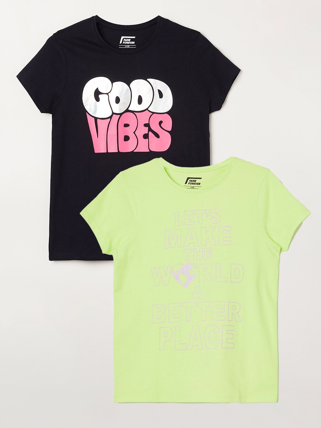 

Fame Forever by Lifestyle Girls Pack Of 2 Printed Pure Cotton T-shirts, Lime green
