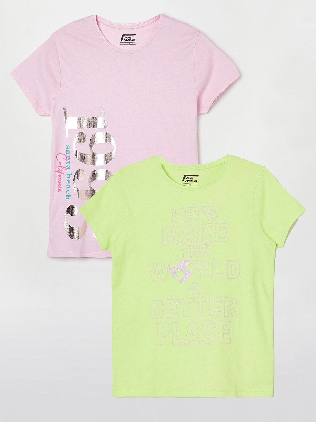 

Fame Forever by Lifestyle Girls Pack Of 2 Printed Cotton T-shirts, Lime green