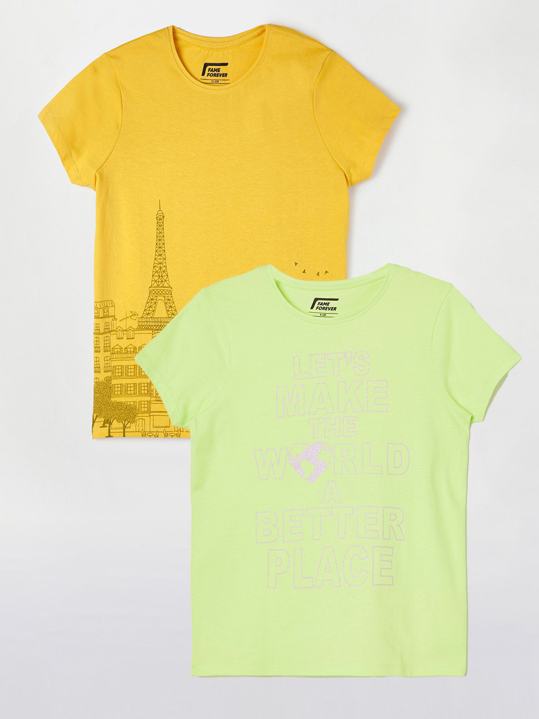 

Fame Forever by Lifestyle Girls Pack Of 2 Printed Pure Cotton T-shirts, Lime green