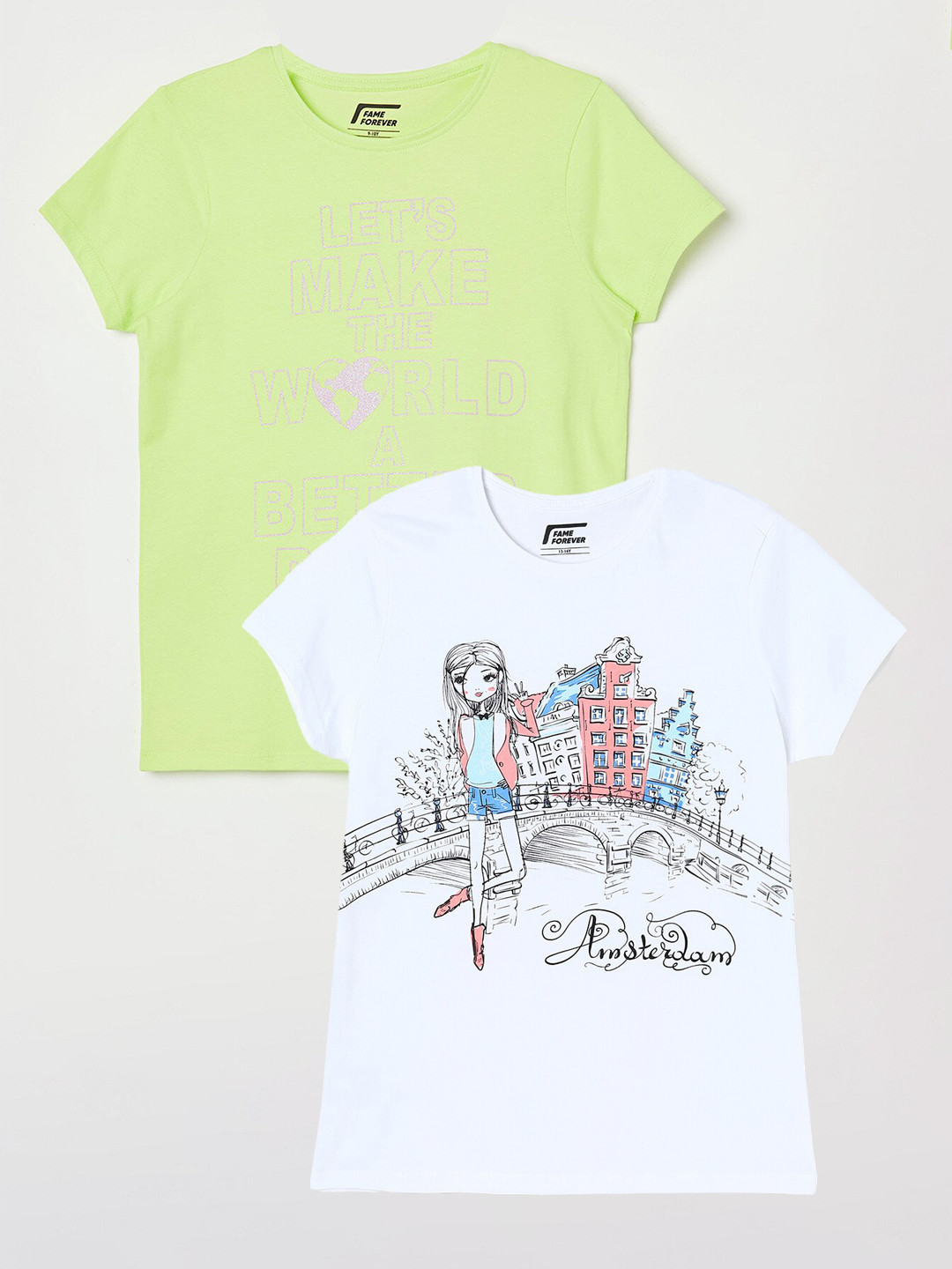 

Fame Forever by Lifestyle Girls Pack Of 2 Printed Pure Cotton T-shirts, White