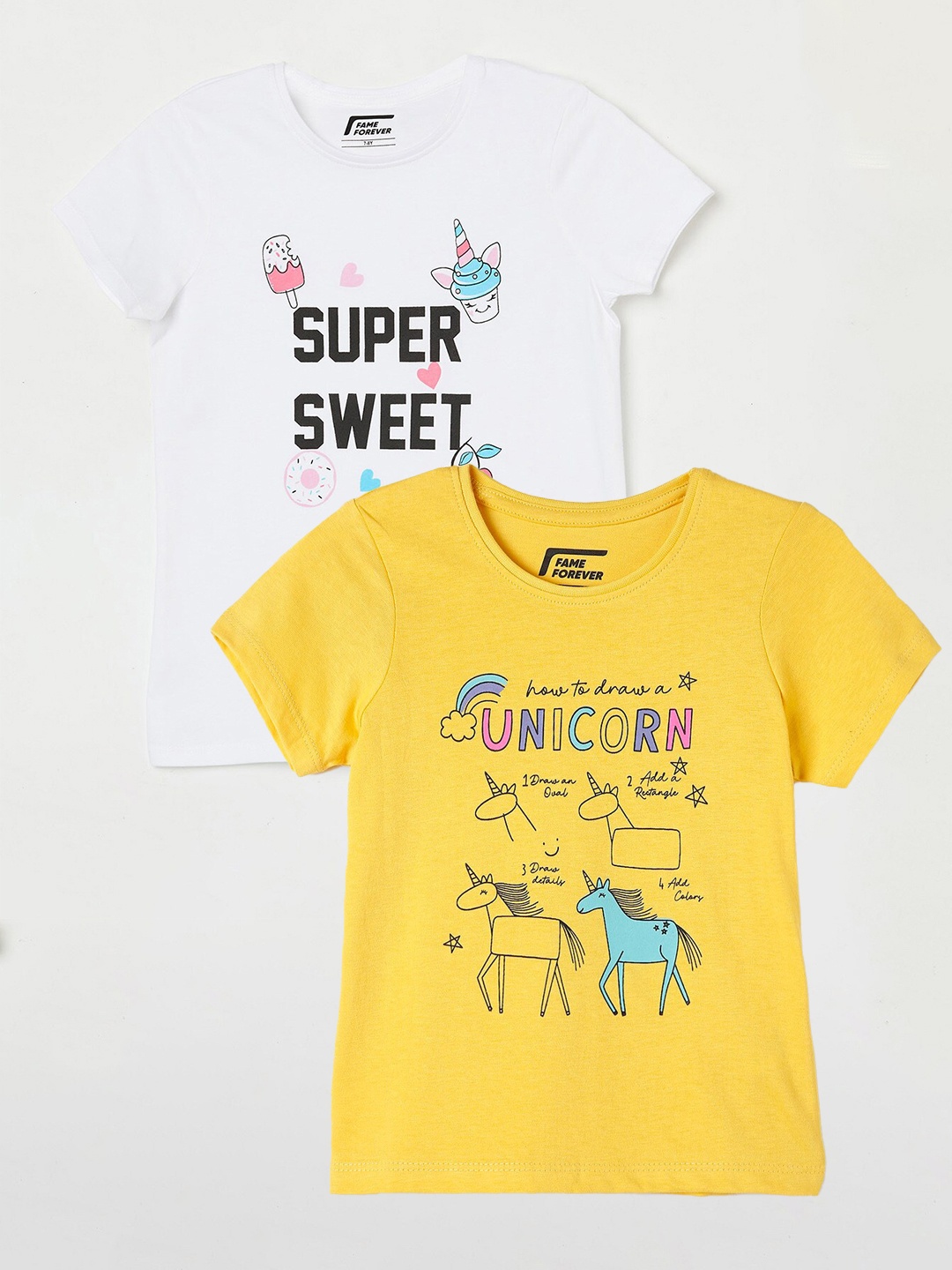 Fame Forever by Lifestyle Girls Pack Of 2 Printed Cotton T-shirts, Yellow