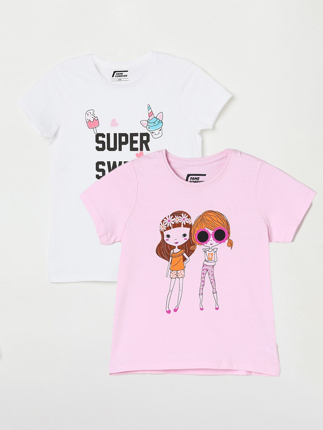 

Fame Forever by Lifestyle Girls Pack Of 2 Printed Cotton T-shirts, Pink
