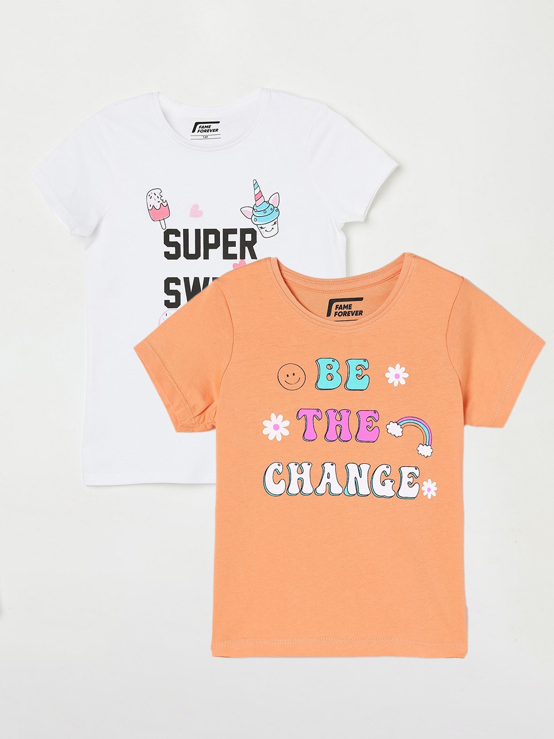 

Fame Forever by Lifestyle Girls Pack Of 2 Printed Cotton T-shirts, Orange