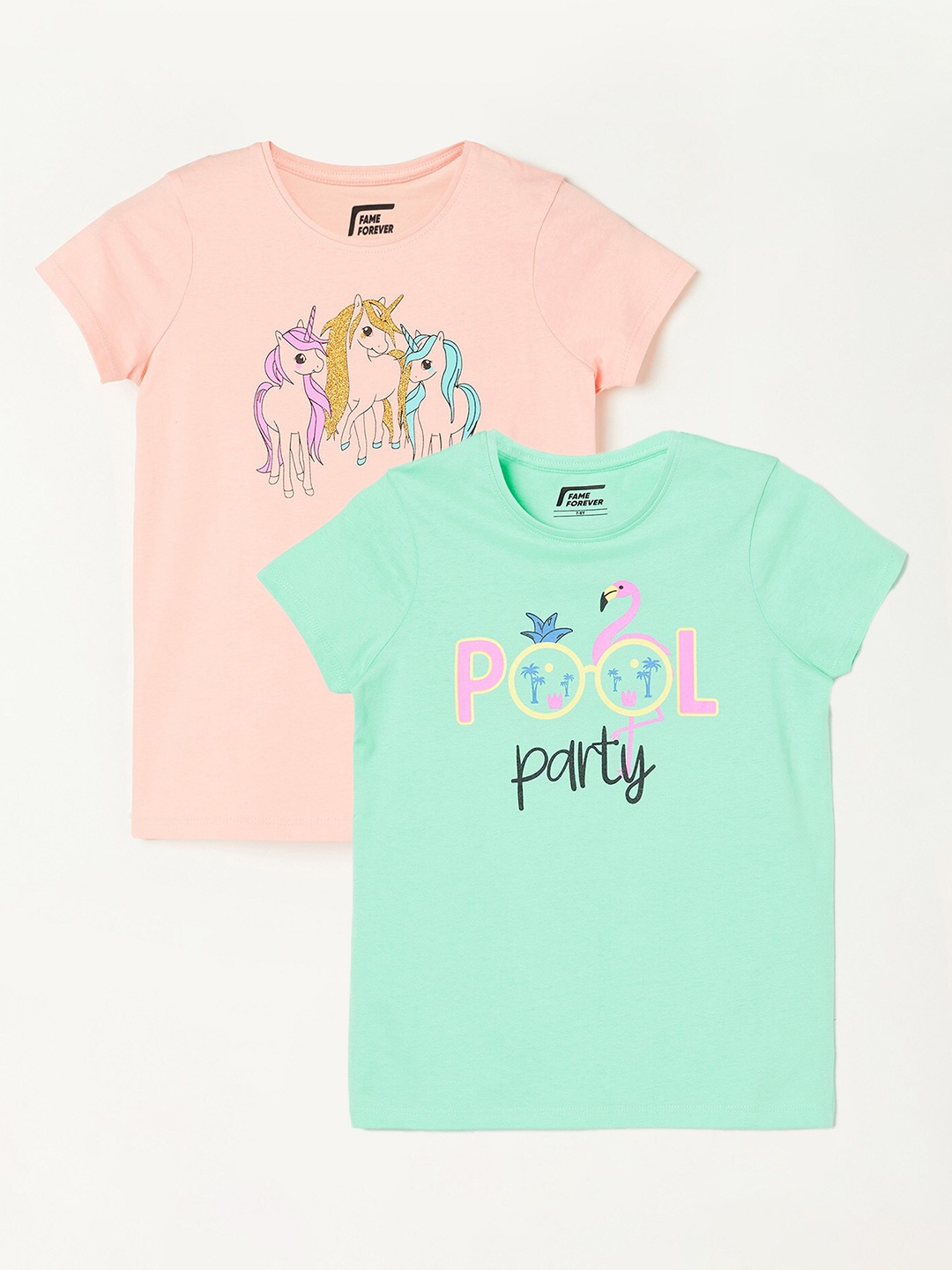 

Fame Forever by Lifestyle Girls Pack Of 2 Printed Cotton T-shirts, Sea green
