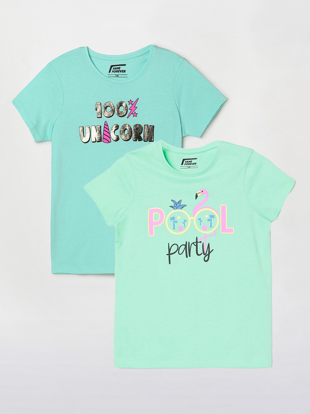 

Fame Forever by Lifestyle Girls Pack Of 2 Printed Cotton T-shirts, Sea green