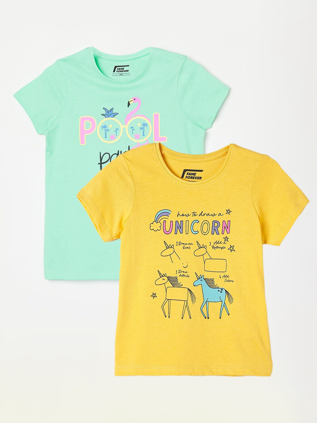 

Fame Forever by Lifestyle Girls Pack Of 2 Printed Cotton T-shirts, Yellow