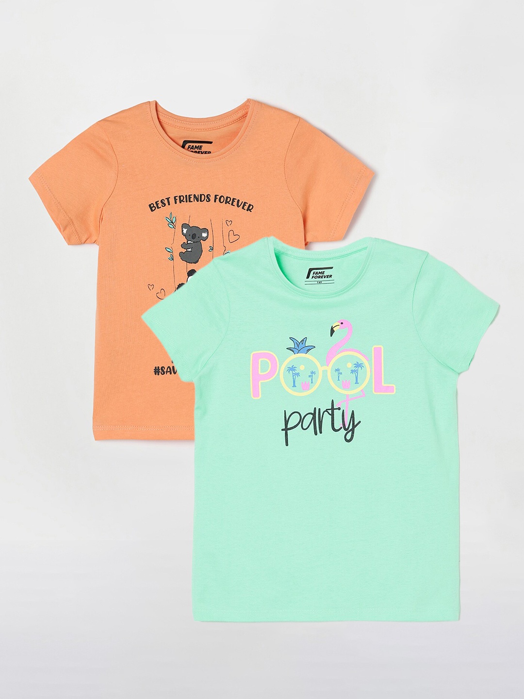 

Fame Forever by Lifestyle Girls Pack Of 2 Printed Cotton T-shirts, Sea green