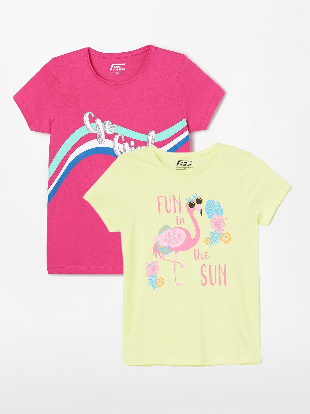 

Fame Forever by Lifestyle Girls Pack Of 2 Printed Cotton T-shirts, Yellow