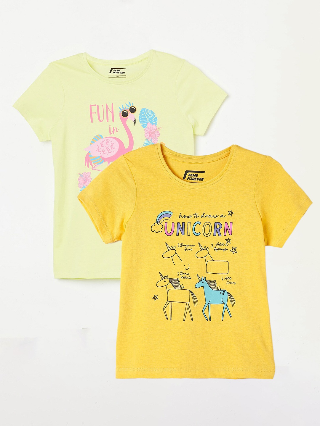 

Fame Forever by Lifestyle Girls Pack Of 2 Printed Cotton T-shirts, Yellow