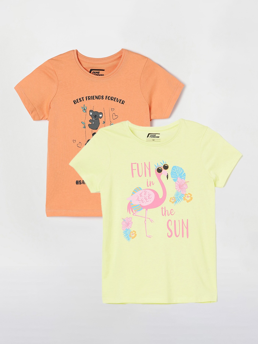 Fame Forever by Lifestyle Girls Pack Of 2 Printed Cotton T-shirts, Yellow