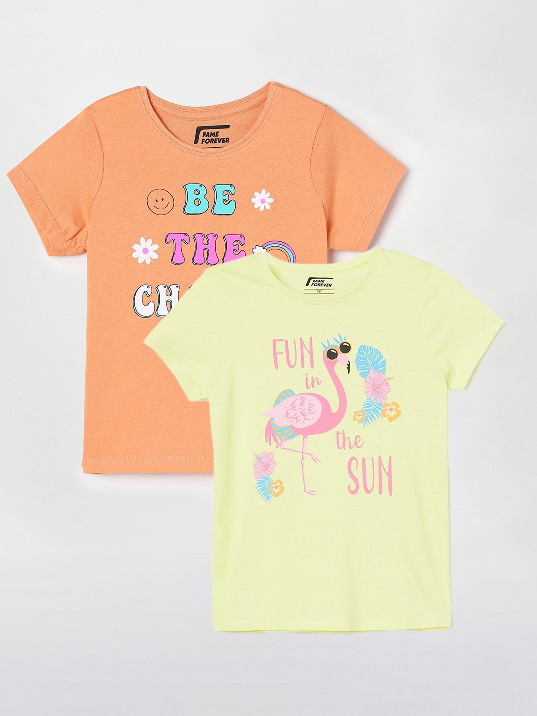 

Fame Forever by Lifestyle Girls Pack Of 2 Printed Cotton T-shirts, Yellow