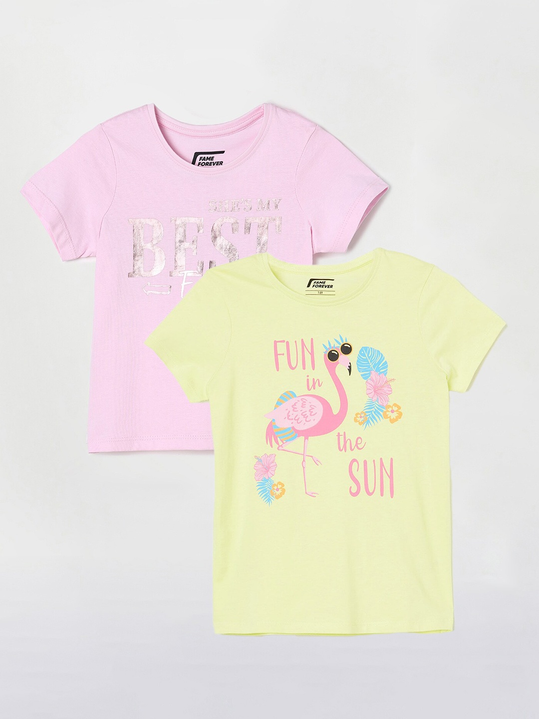 

Fame Forever by Lifestyle Girls Pack Of 2 Printed Cotton T-shirts, Yellow