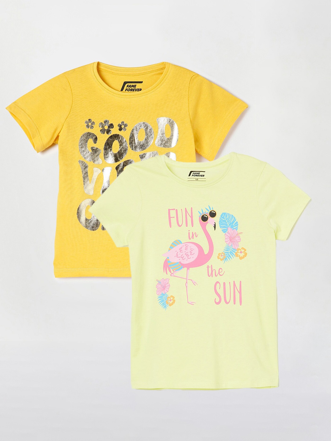 

Fame Forever by Lifestyle Girls Pack Of 2 Printed Cotton T-shirts, Yellow