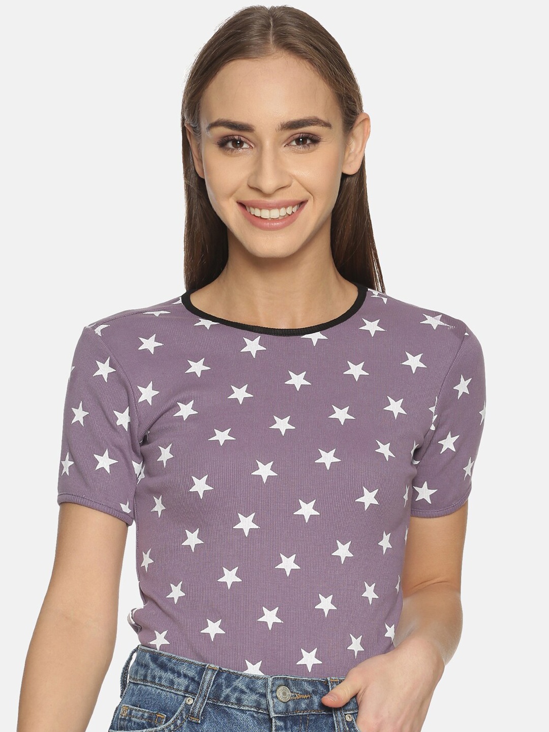 

KULTPRIT Conversational Printed Round Neck Cotton Top, Violet