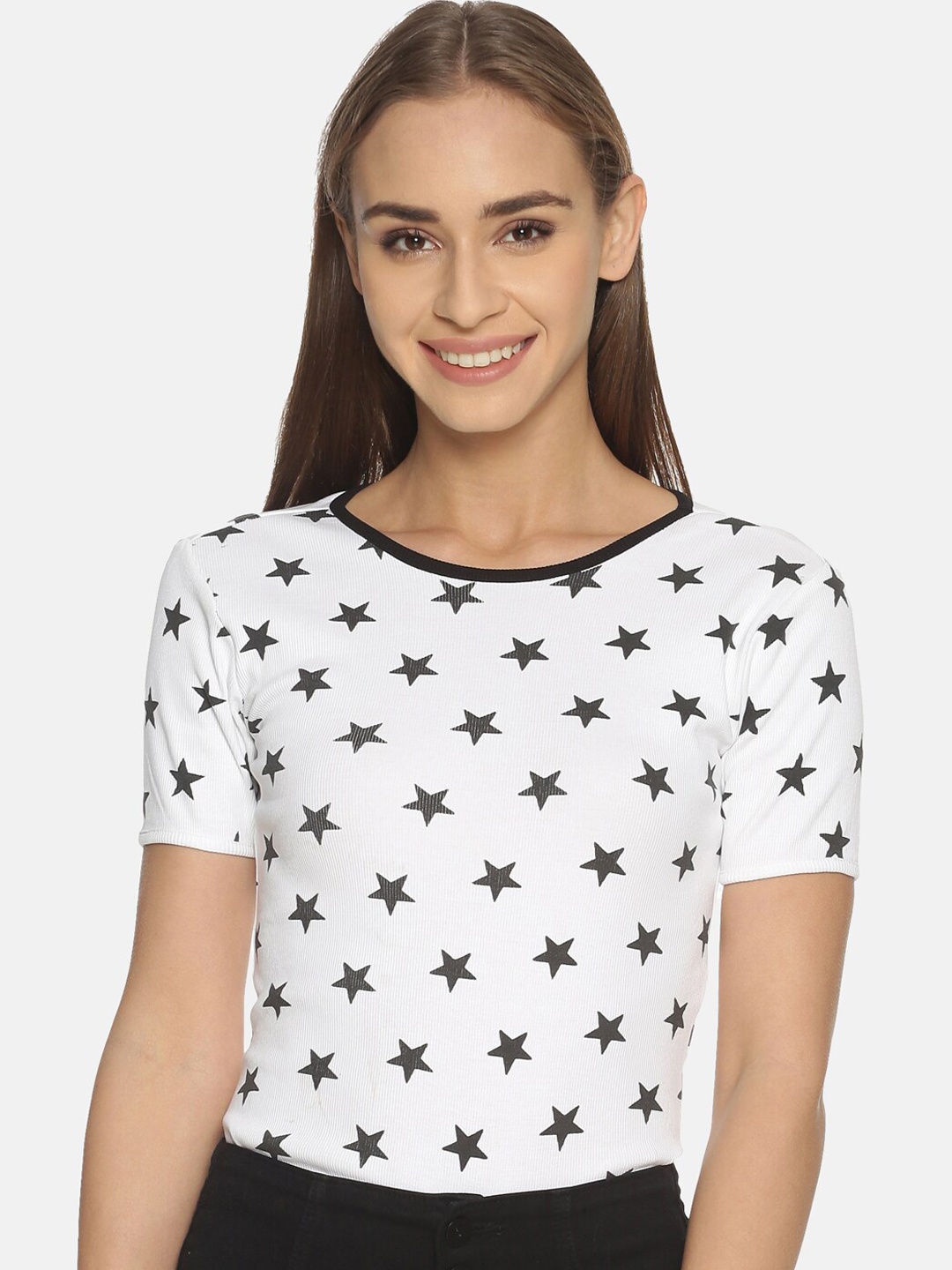 

KULTPRIT Conversational Printed Round Neck Cotton Top, White