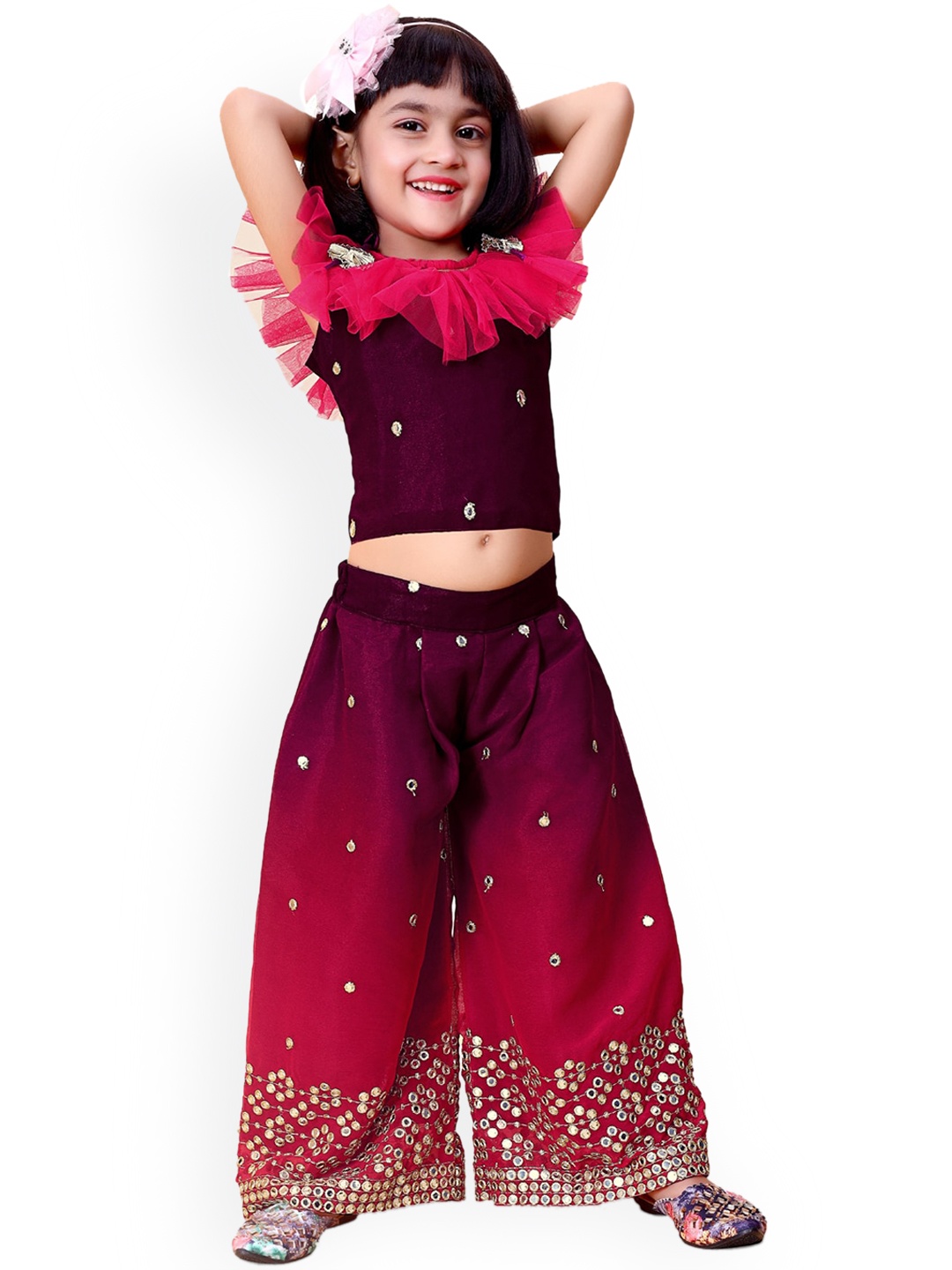 

BAESD Girls Round Neck Cape Sleeves Embellished Top with Palazzos, Maroon