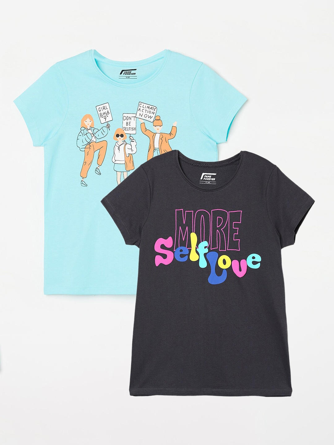 

Fame Forever by Lifestyle Girls Pack Of 2 Printed Cotton T-shirts, Grey
