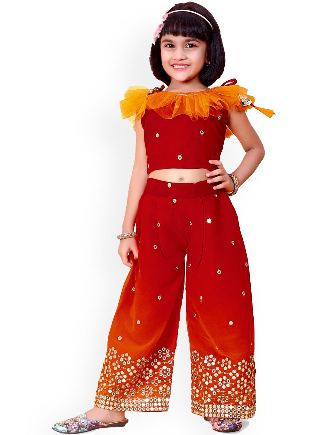 

BAESD Girls Round Neck Cape Sleeves Embellished Top with Palazzos, Orange