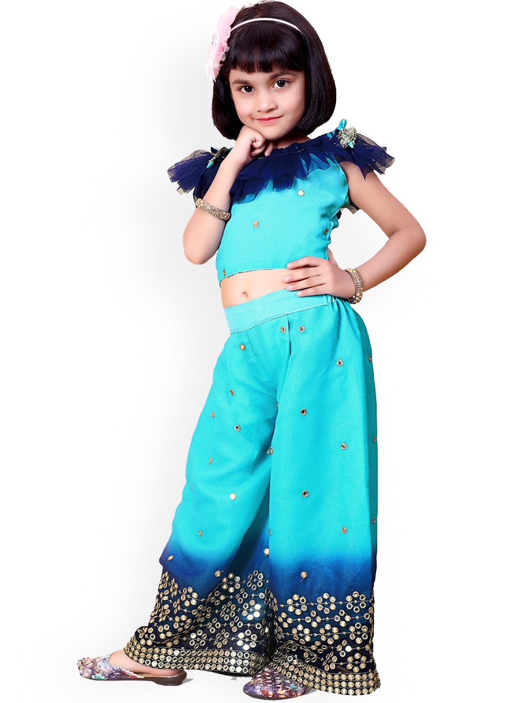 

BAESD Girls Round Neck Cape Sleeves Embellished Top with Palazzos, Turquoise blue
