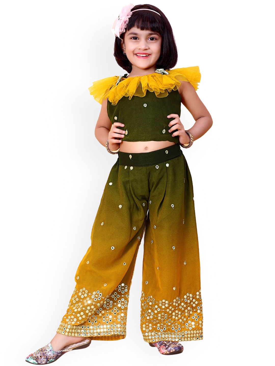 

BAESD Girls Round Neck Cape Sleeves Embellished Top with Palazzos, Mustard