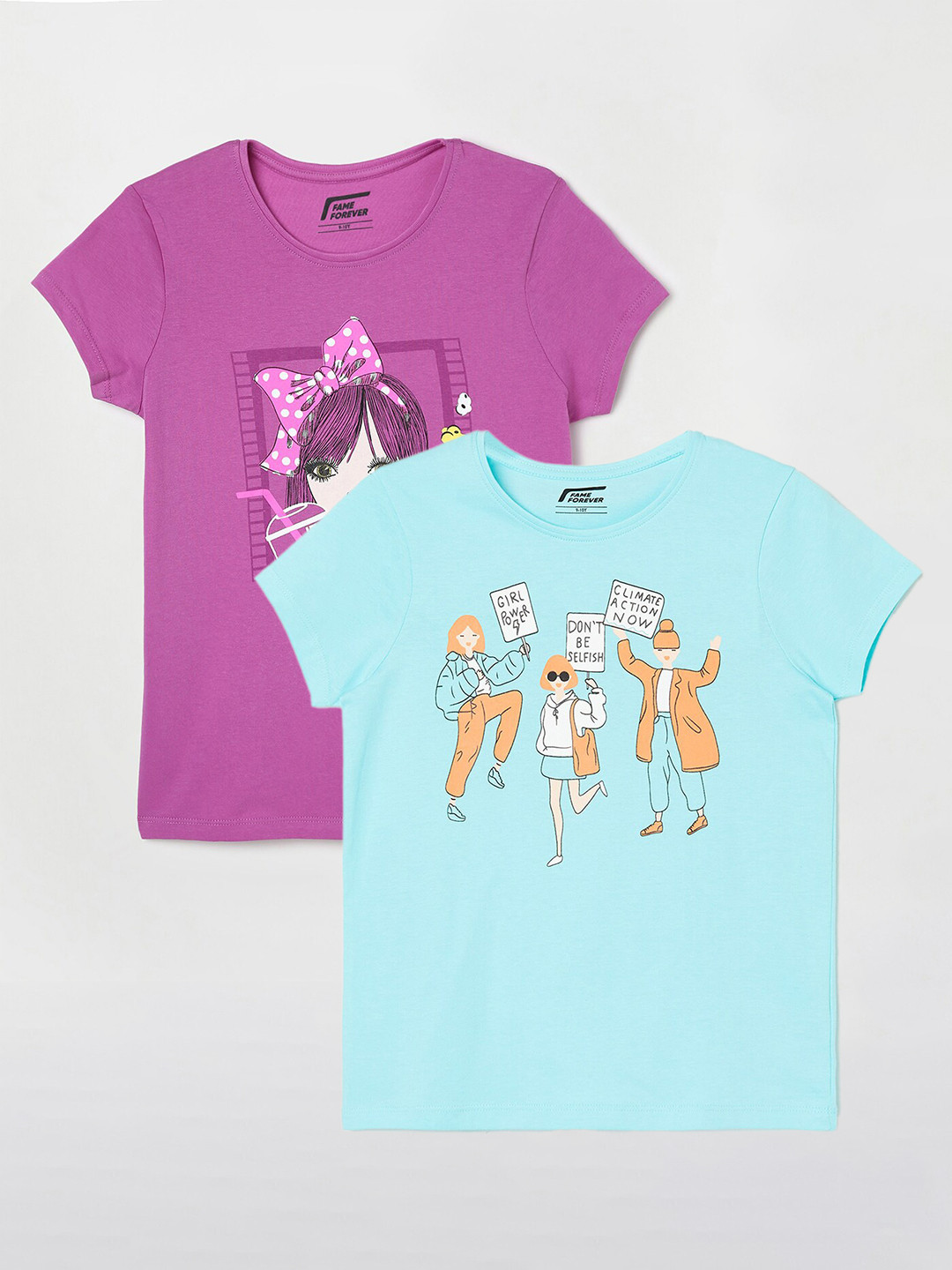 

Fame Forever by Lifestyle Girls Pack Of 2 Printed Cotton T-shirts, Blue