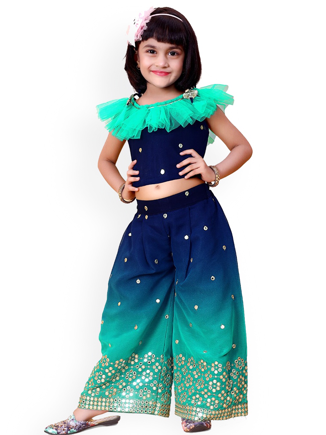 

BAESD Girls Round Neck Cape Sleeves Embellished Top with Palazzos, Teal