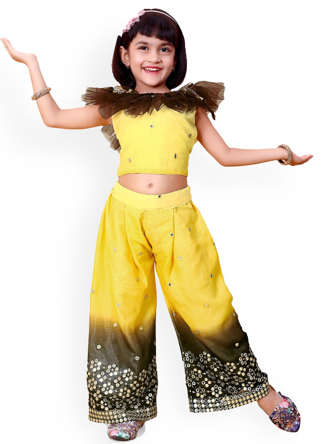 

BAESD Girls Cape Sleeves Mirror Work Top With Palazzos, Yellow