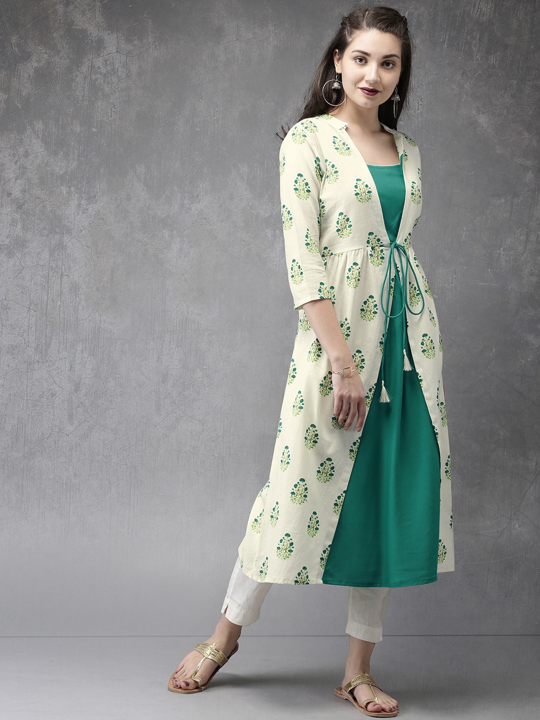 

Anouk Women Off-White & Green Printed Panelled A-Line Kurta