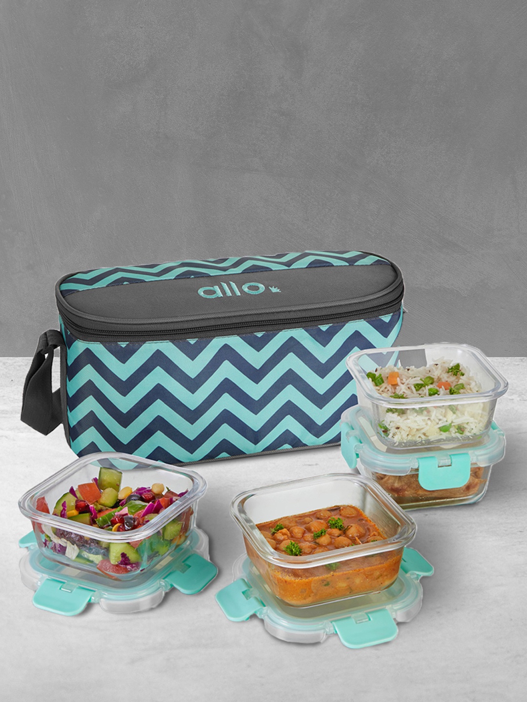 

Allo Microwave Safe With Detachable Lock Glass Lunch Box (310Ml x 4), Green