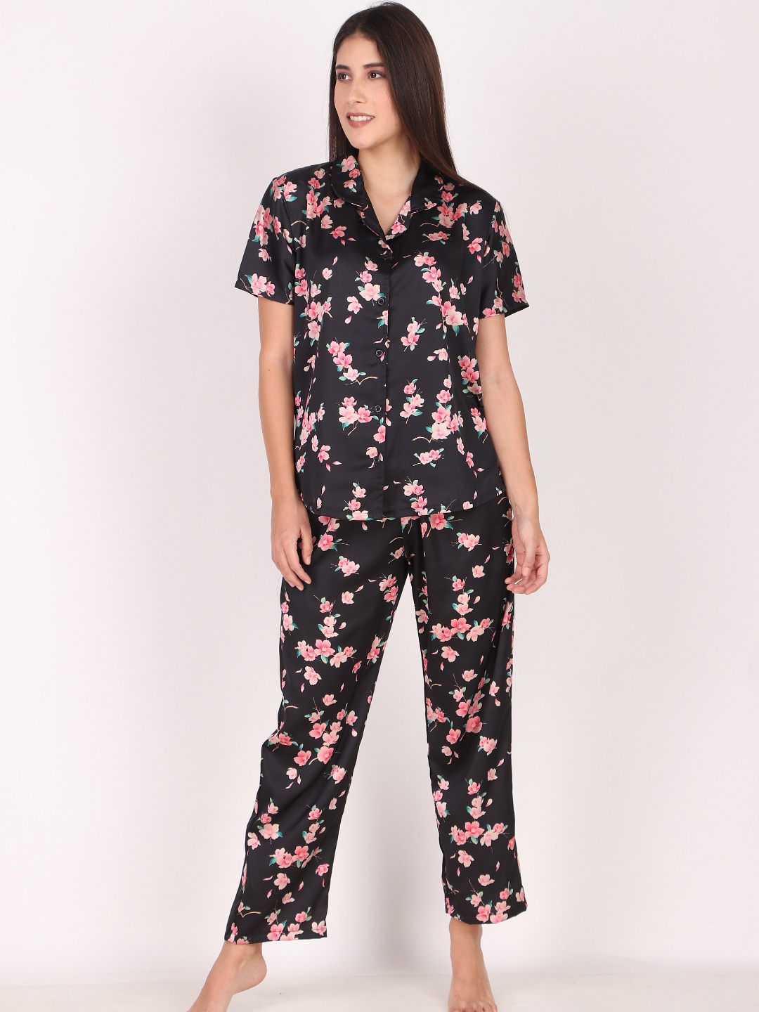 

Masha Women Black & Pink Floral Printed Night suit