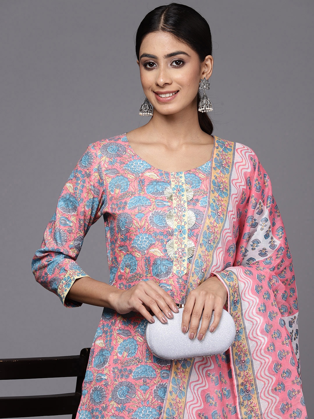 

Libas Women Floral Printed Gotta Patti Pure Cotton Kurta with Trousers & With Dupatta, Pink