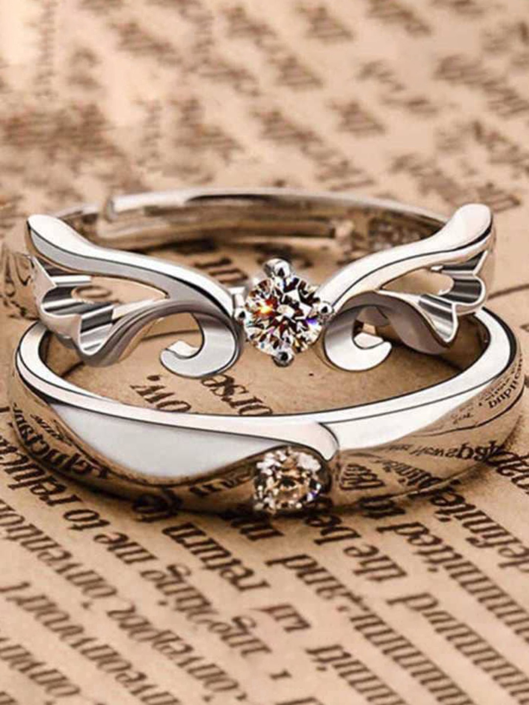 

MEENAZ Set Of 2 92.5 Sterling Silver Silver-Plated CZ-Studded Couple Finger Rings