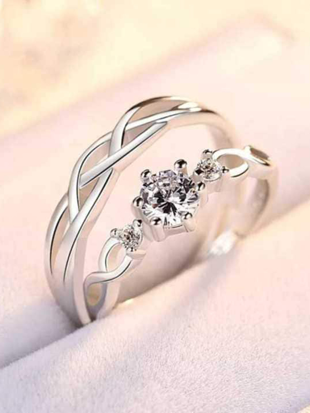

MEENAZ Set Of 2 Silver-Plated AD Studded Adjustable Couple Rings