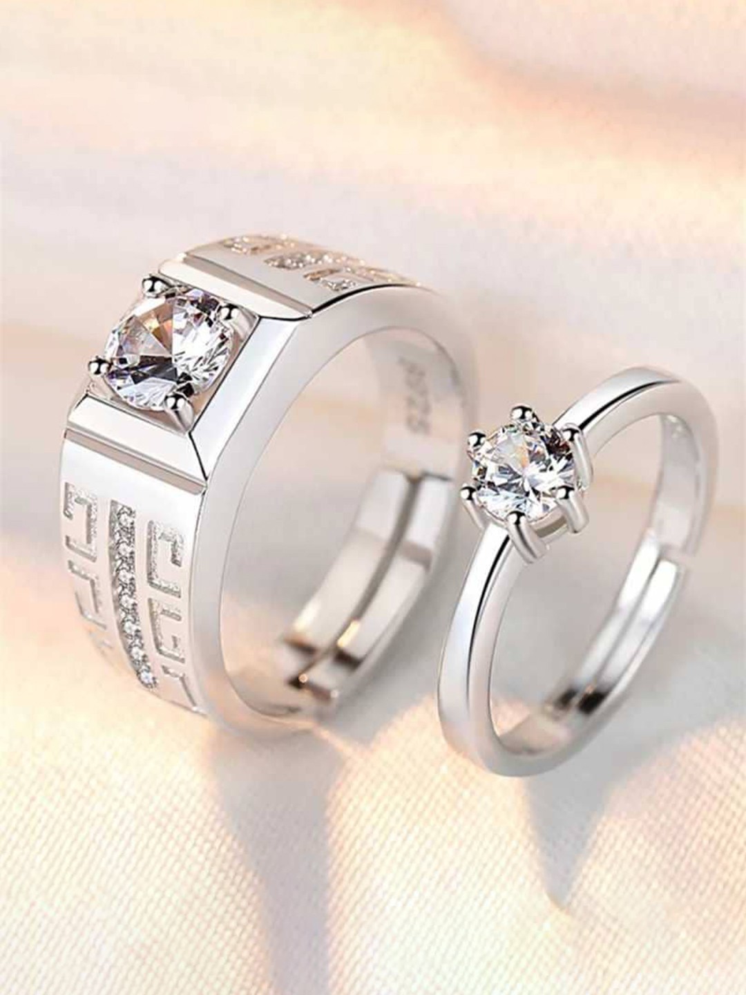 

MEENAZ Unisex Set Of 2 Silver-Plated AD-Studded Adjustable Couple Rings
