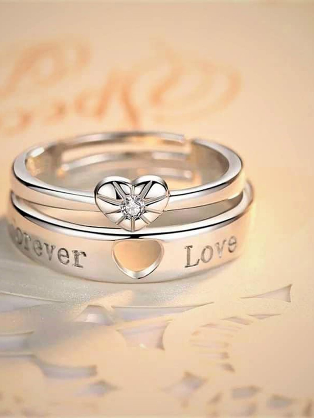 

MEENAZ Set Of 2 Silver-Plated AD-Studded Adjustable Couple Rings