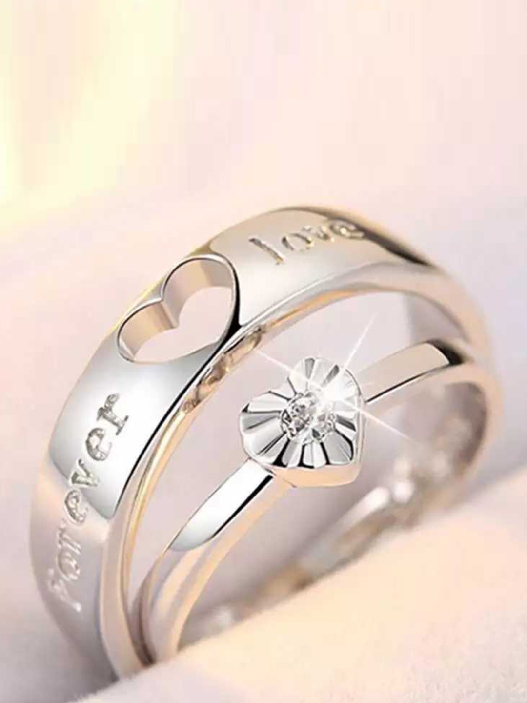 

MEENAZ Set Of 2 Silver-Plated & AD-Studded Heart Couple Finger Ring