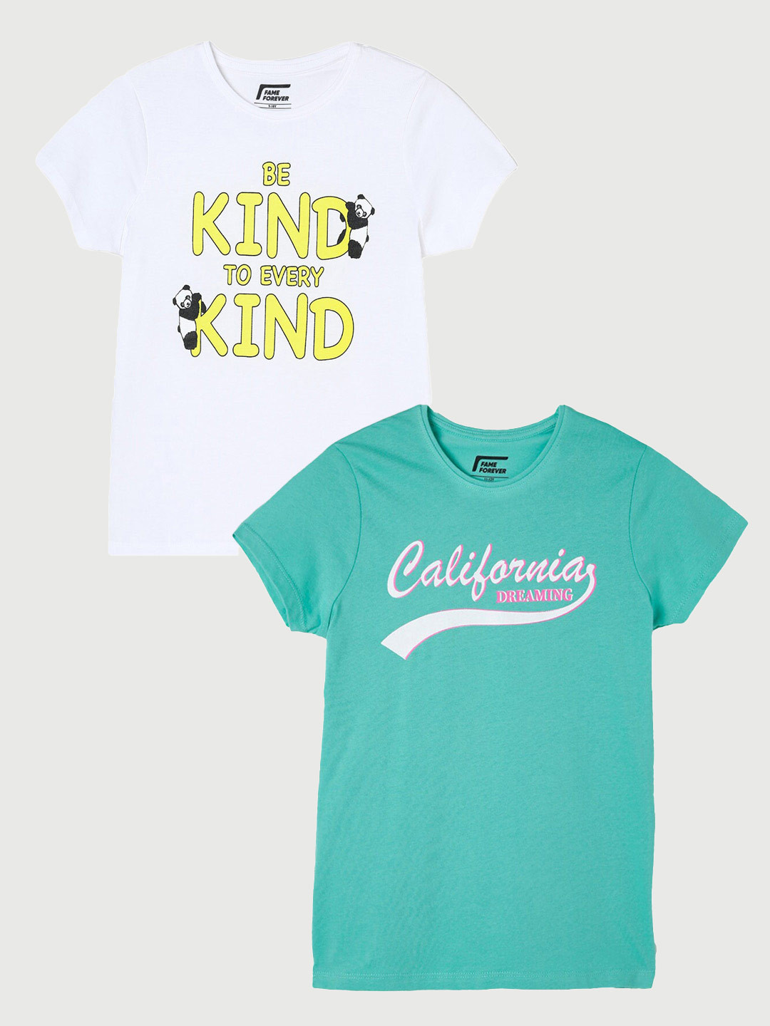 

Fame Forever by Lifestyle Girls Pack Of 2 Typography Printed Pure Cotton T-Shirt, Green