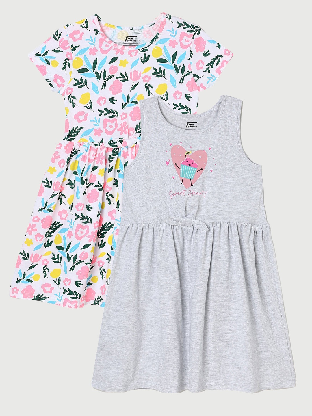 

Fame Forever by Lifestyle Girls Pack Of 2 Printed Cotton Dresses, Grey melange