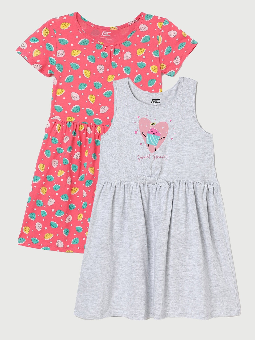 

Fame Forever by Lifestyle Girls Pack Of 2 Printed Cotton Dresses, Grey melange