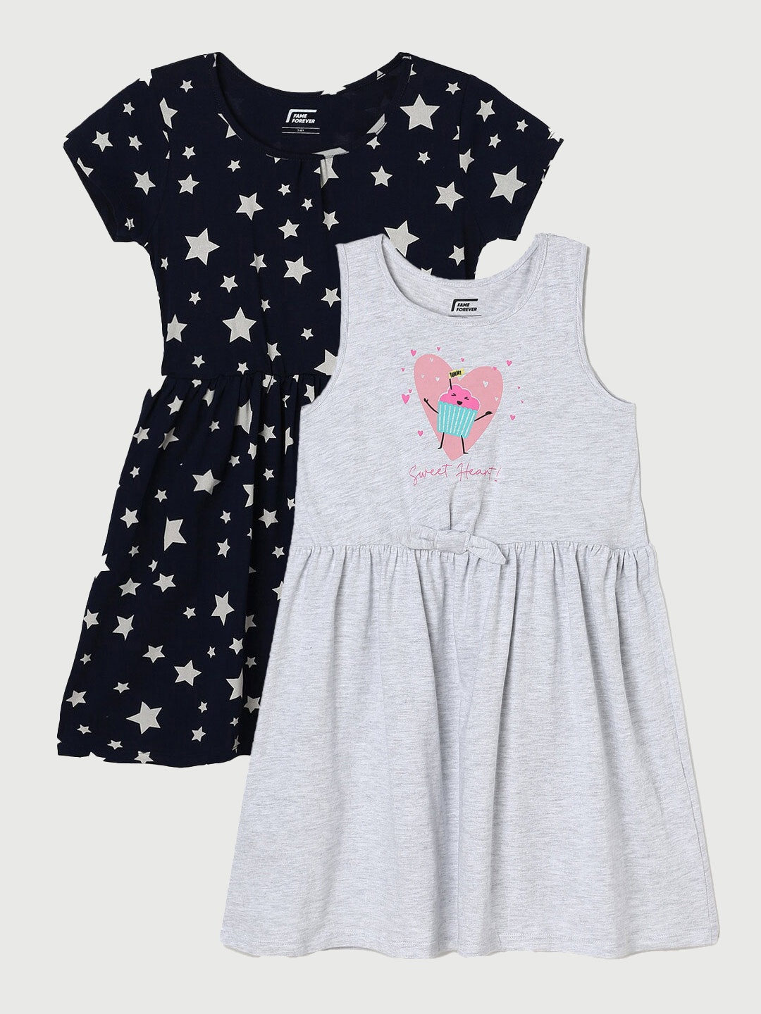 

Fame Forever by Lifestyle Girls Pack Of 2 Printed Cotton Dresses, Grey melange