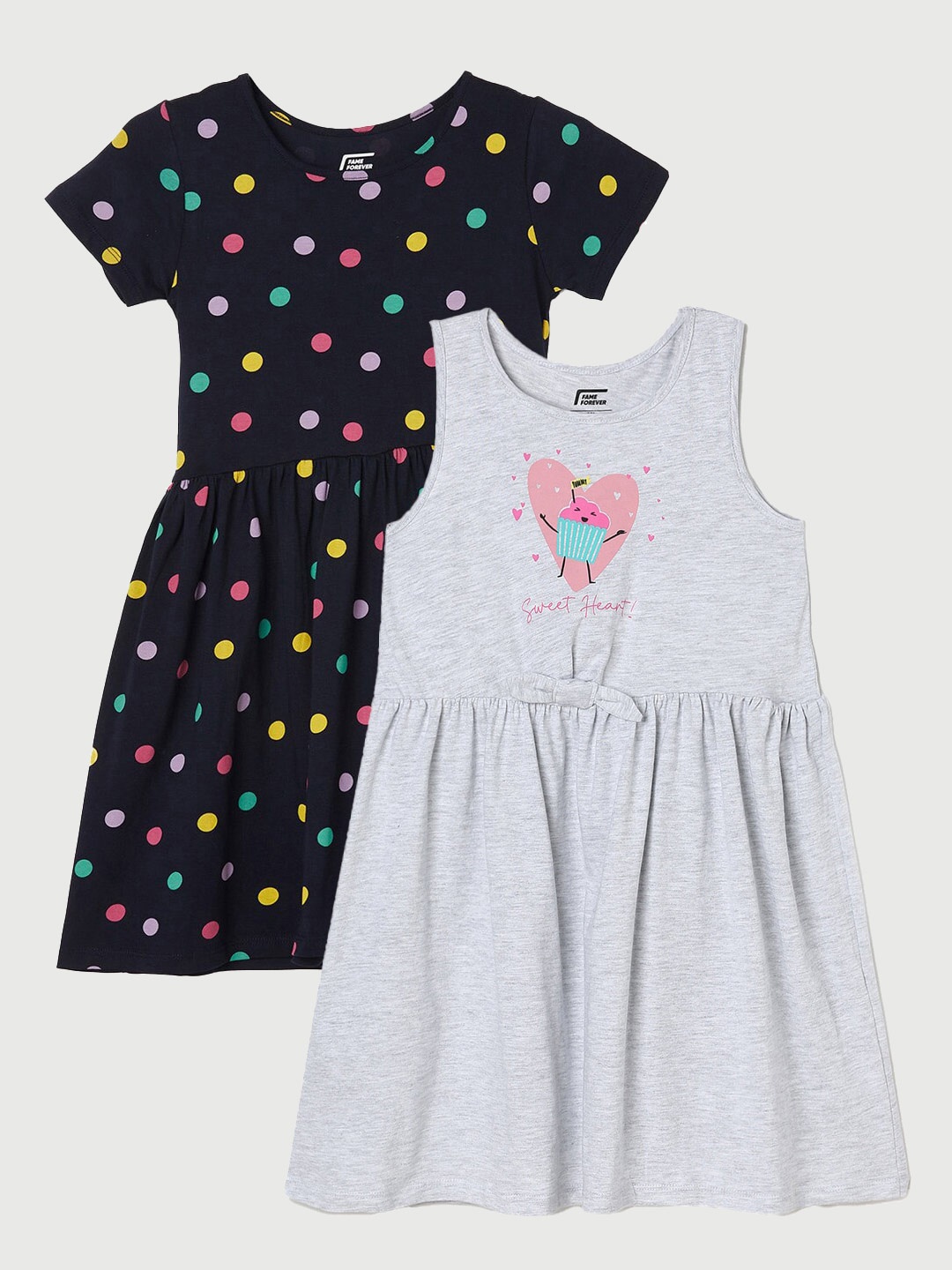 

Fame Forever by Lifestyle Girls Pack Of 2 Printed Cotton Dresses, Grey melange