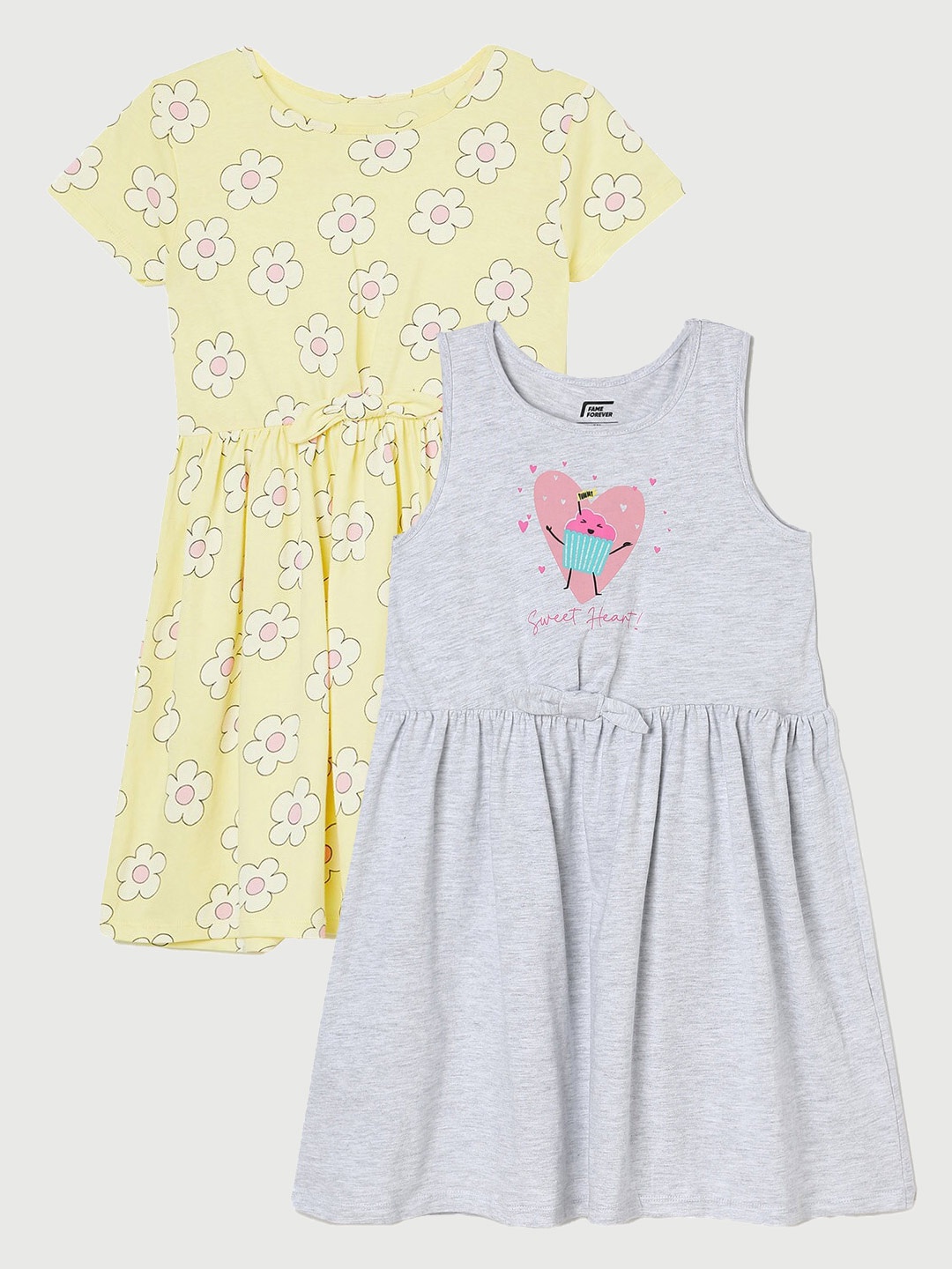 

Fame Forever by Lifestyle Girls Pack Of 2 Printed Cotton Dresses, Grey melange