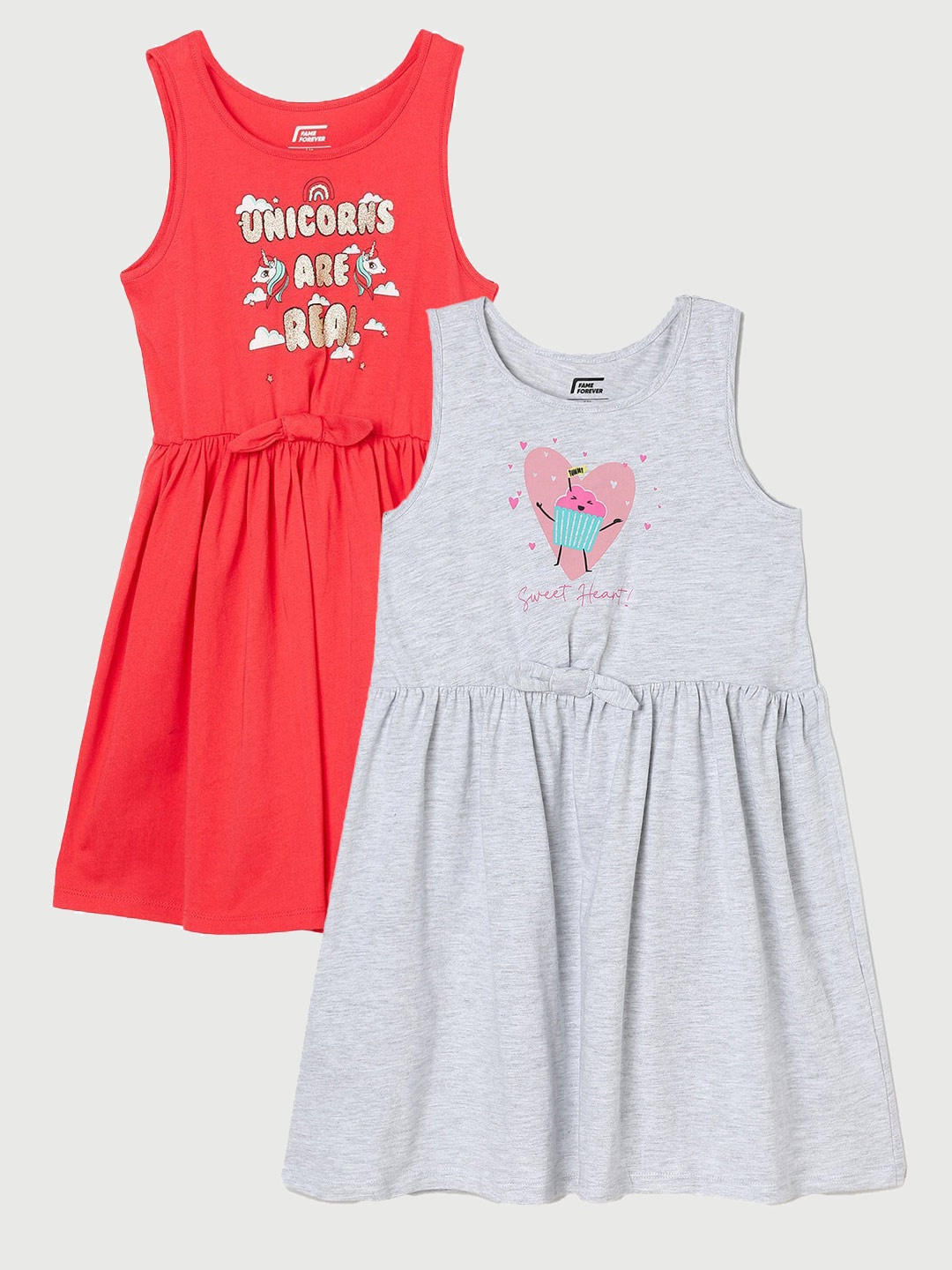 

Fame Forever by Lifestyle Girls Pack Of 2 Printed Cotton Dresses, Grey melange