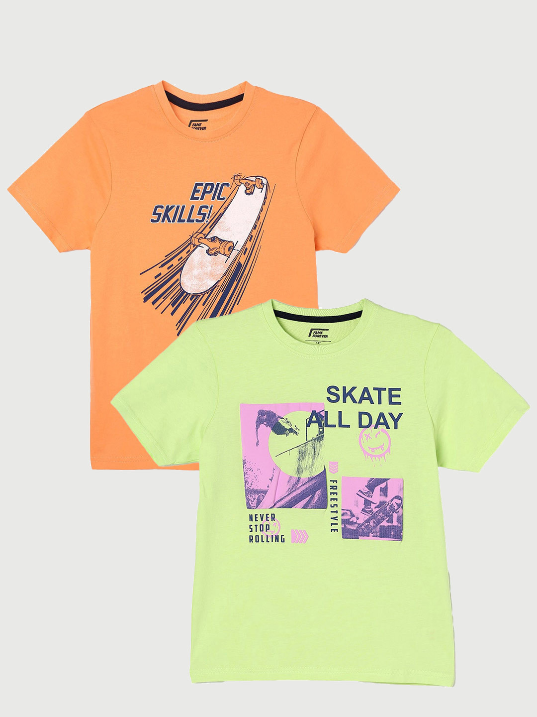 

Fame Forever by Lifestyle Boys Pack Of 2 Printed Cotton T-Shirt, Lime green